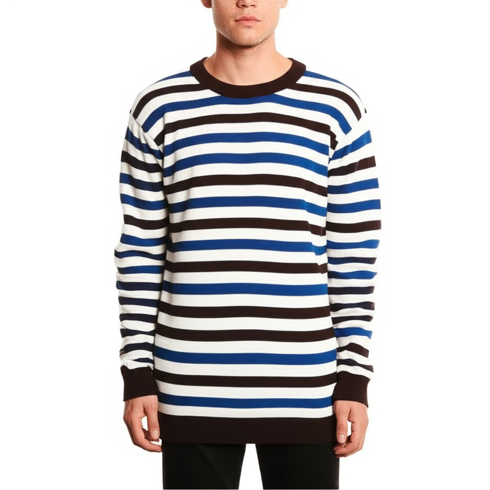 CARBON Mens Sweater Size Medium Brown White Blue‎ Striped Crew Neck Casual